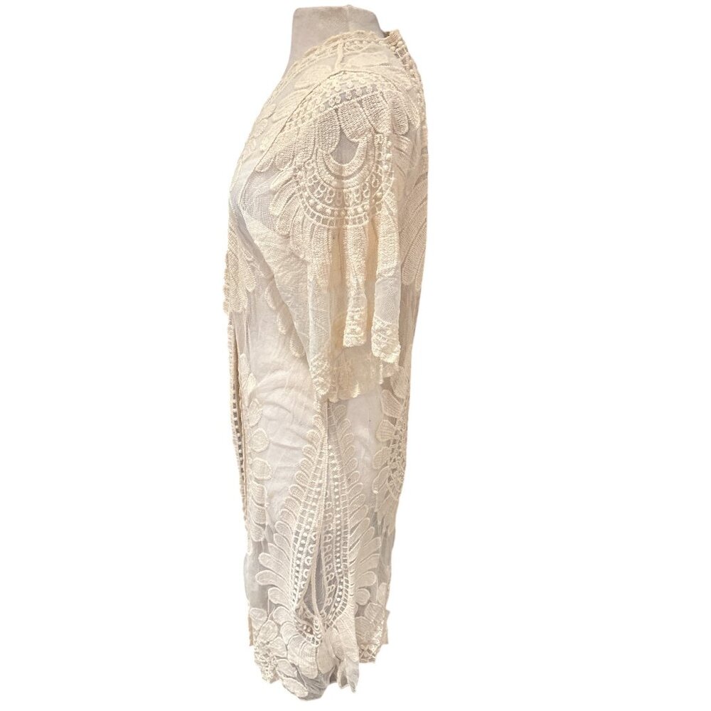 Boho Open Front Sheer Lace Kimono Cardigan With Floral Embroidery Ivory by Rebel - Picture 3 of 9